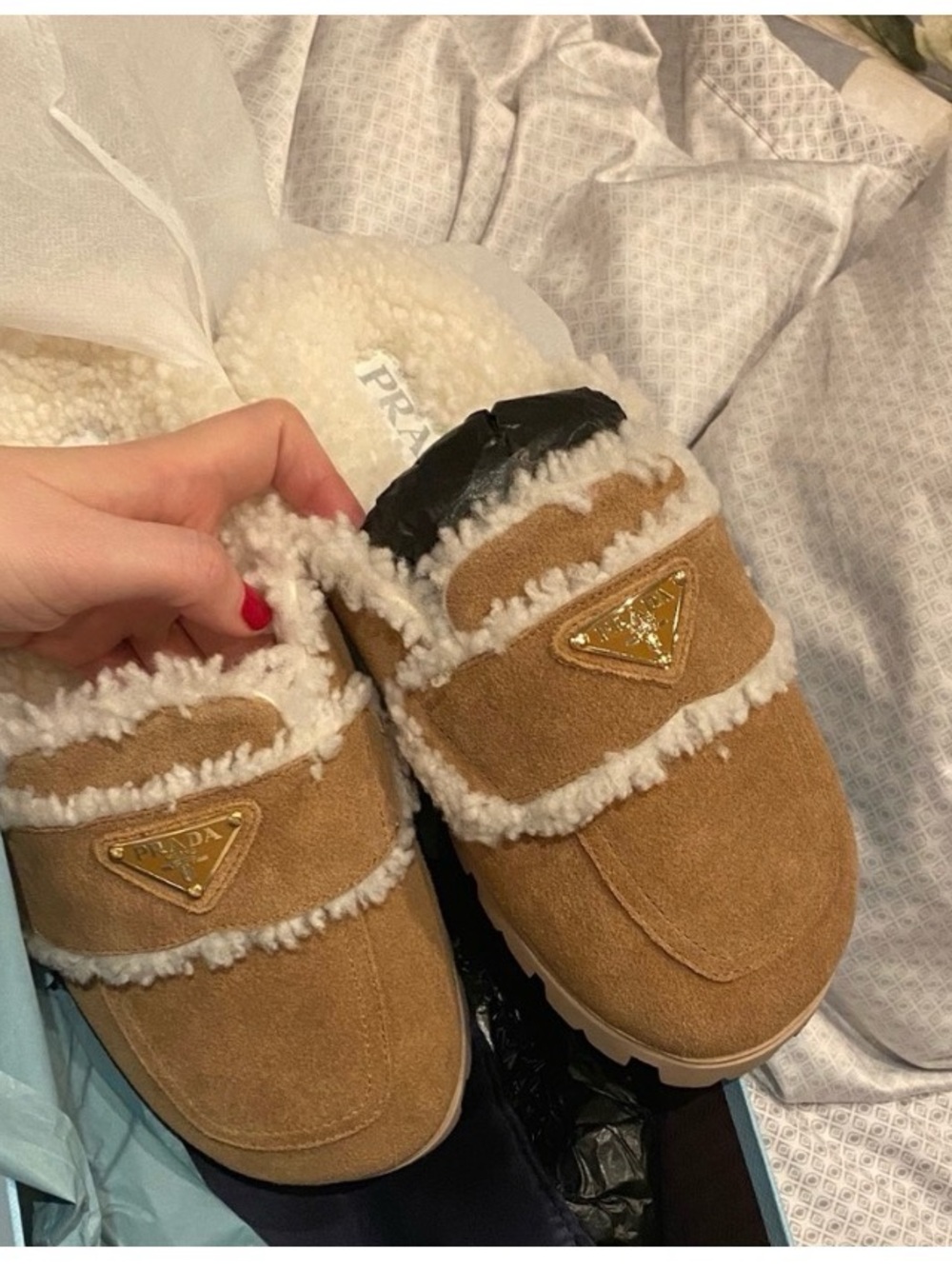 Prada Tan Suede Shearling-Trim Slip-On Clogs with Gold Logo